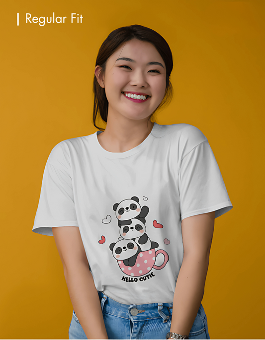 Cute Panda T-Shirt – "Hello Cutie" Kawaii Aesthetic Tee for Women