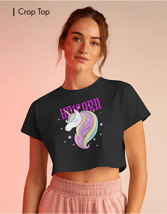 Unicorn Crop Top – Magical Fantasy Graphic Tee for Women
