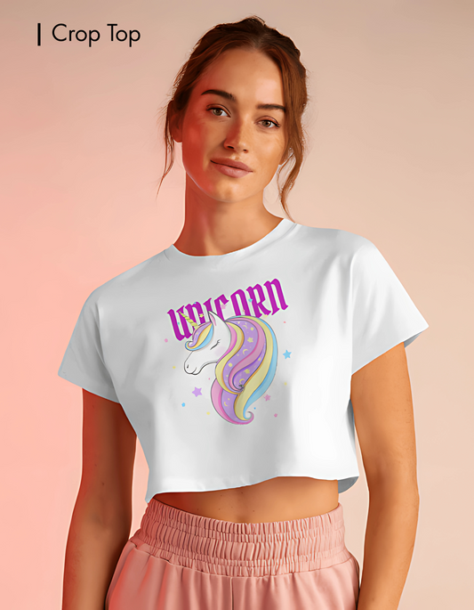 Unicorn Crop Top – Magical Fantasy Graphic Tee for Women
